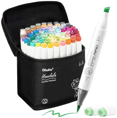 Ohuhu Alkohol Marker mit Pinselspitze: 72 Farben Doppelspitziges Künstlermarker-Set für Erwachsene zum Illustrieren und Kolorieren - Honolulu – Pinsel & Breitspitze – Nachfüllbar | Doppelpunkt Einfach Mischen & Kein Abfluss Schnell Trocken Für Illustration Kalligraphie Skizzen - Honolulu