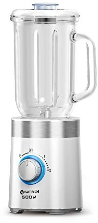 Grunkel - Batidora de vaso 1L y 500W pequeña y portátil - BT-PRACTICA 500 - Velocidad regulable con 4 cuchillas de acero inoxidable, función PULSE, 2 velocidades. Fácil limpieza - Blanco