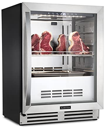 Klarstein Kühlschrank, Reifeschrank Dry-Aged, 1 Zonen Kühlschrank mit Glastür, für In- und Outdoor mit LED-Beleuchtung, Freistehend oder Einbaukühlschrank, Temperaturbereich, 1-25 °C, 98 L