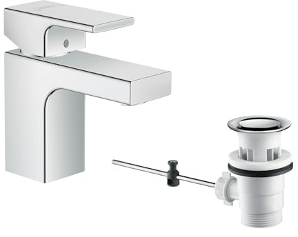 hansgrohe Vernis Shape - Waschtischarmatur mit Zugstangen-Ablauf, Wasserhahn Bad mit Auslauf Höhe 71 mm, Mischbatterie Waschbecken wassersparend (EcoSmart), Chrom, 71560000