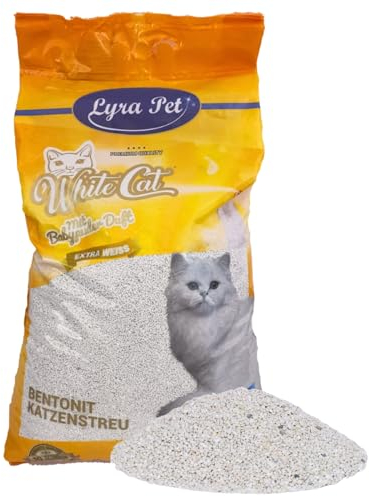 Lyra Pet® | 15 Liter White Cat Katzenstreu | Mit Babypuder Duft | Feines Klumpstreu | 350% Saugkraft | Naturprodukt aus Bentonit | Stark Klumpend | Saubere Wohnung | Neutralisiert Gerüche | Staubarm