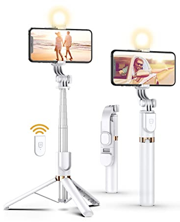 Selfie Stick Tripod with Wireless Remote, 46'' Cellphone Selfie Stick Tripod with LED Fill Light, for iPhone 16/15/14/14 pro/13/13 Pro/12/11/11 Pro/XS Max/XS/XR/X/8/7 and Android Smartphone(Upgrade)