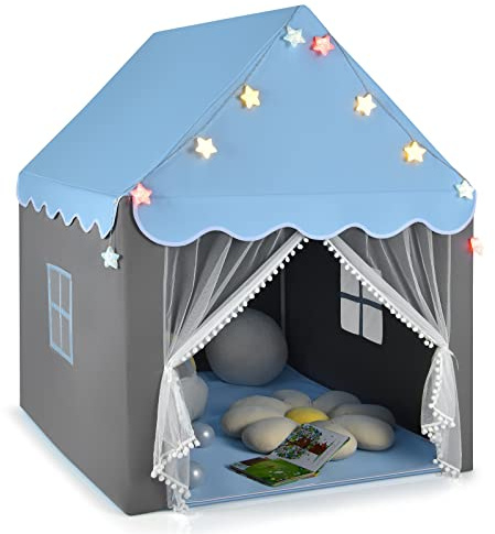 GYMAX Kids Tent, Fairy Play Castle with Washable Mat, Star Lights & Windows, Outdoor Indoor Children Playhouse Tents for Girls Boys Gift (Blue) | with Washable Mat, Star Lights & Windows, Outdoor Indoor Children Playhouse Tents