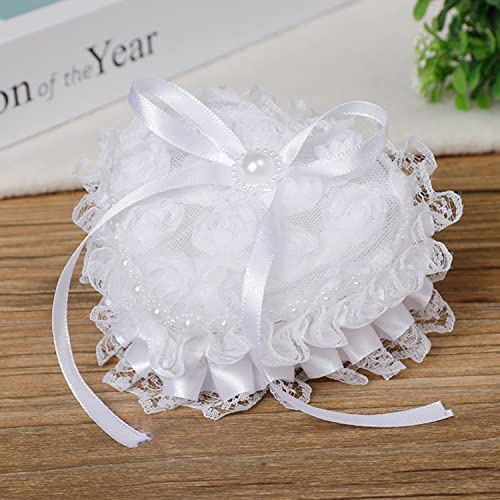 Wedding Ring Pillow Heart Box, White Romantic Lace Pearl Ring Box Holder with Ribbon for Wedding Ceremony Ring Bearer, 3.1''x3.5''x1.8''