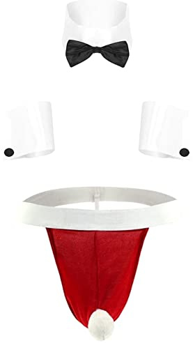 JFAN Tangas Hombre suspensorio Ropa Interior Hombre Sexy Lenceria Men's Carnival Bow Tie Cuffs Tangas Rojo Talla única