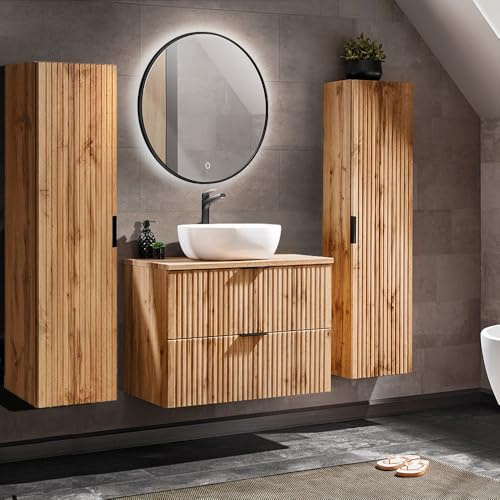 Lomadox Badezimmermöbel Badmöbel Komplett Set Wotaneiche mit Rillenoptik, LED-Spiegel & Waschtisch mit Keramikbecken, 2 Hochschränke