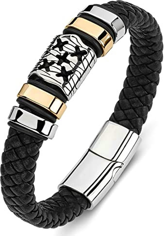 Ayoiow Männer Armband Indianer, Edelstahl Armband Herren Armband Leder Herren Schwarz Flechtarmband mit Kreuz Muster