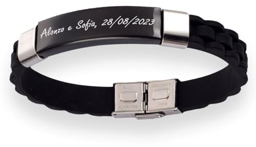 ibera gifts - Pulsera Hombre Personalizada en Acero Inoxidable, Pulseras Personalizadas con Nombre, Ajustable a Cualquier Muñeca, Pulsera Personalizada Mujer (Caucho)