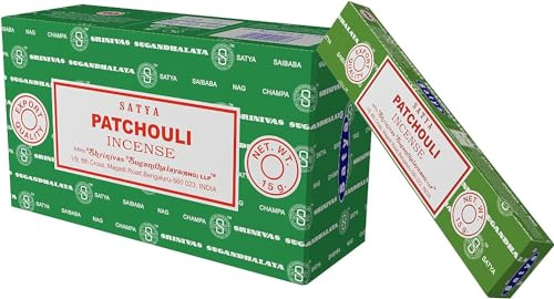 Satya Nag Champa Lot de 12 paquets de bâtons d'encens Patchouli 100 % naturels faits à la main pour soulager le stress, la décoration spirituelle, l'bavure et la méditation