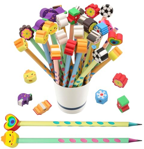 ZOCONE 30 Stück Dreikant Bleistifte mit 30 PCS Radiergummi Bleistift Grundschule HB Bleistifte Kinder Schule Schreiblernbleistift Dreikant Bleistift Kindergeburtstag Geschenke für Kinder Schule
