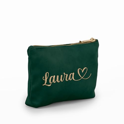 Caribu design Pochette in Velluto Personalizzata con Nome Iniziali Testo - Borsa per Trucchi, Cosmetica, da Viaggio, con Cerniera - Idea Regalo Personalizzata per Lei Donna (Verde smeraldo, Piccola)