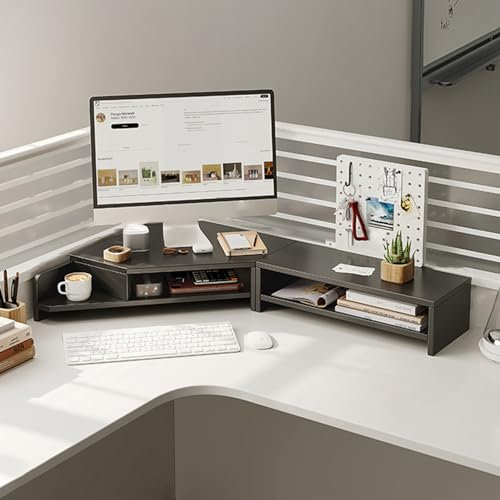 Desktop Organizer Computer Monitor Stand 2 Monitors Stand Riser Desk Shelf, Large Corner Tabletop Computer Organizer for L-shaped Desks, Ergonomic Space Saving Screen/TV Stand Riser, Brown,Black