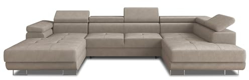Sofnet Wohnlandschaft Caris U mit Schlaffunktion und einstellbare Kopfstützen, Ecksofa mit Zwei Bettkästen, Couch, Sofa, Bettsofa (Beige (Paros 02), Ecksofa Links)