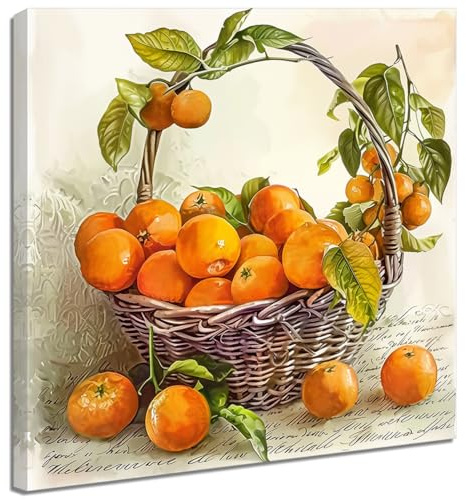 ZQQART Fruit Canvas Wall Art Kitchen Artwork Wall Decor Farmhouse Citrus Pictures Vintage Oranges in Basket Poster for Living Room Framed (Green,12 x 12)