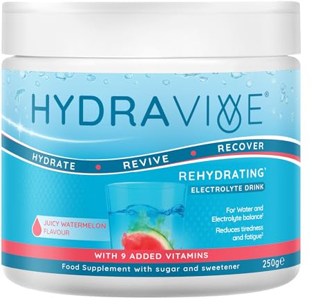 Hydravive® Rehydration Electrolytes Powder 250g - Watermelon - High Strength Vitamin C & All 8 B Vitamins: B1, B3, B5, B12 - Electrolyte Drinks - Effervescent Electrolyte Hydration Tablets Alternative