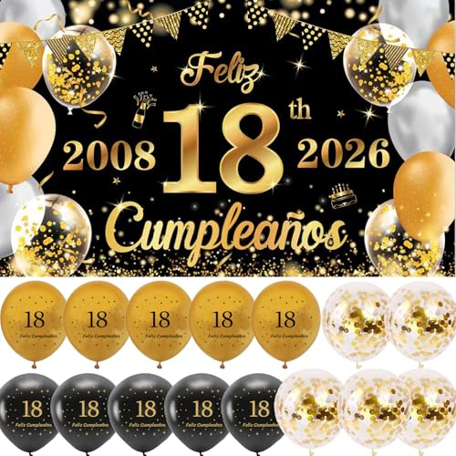 Pancarta Cumpleaños 18 2008-2026 +15 Globos Banderola de Feliz 18 Años | Decoración para Cumpleaños 18 Hombre Mujer Photocall 18 Cumpleaños Happy Bithday Adornos Kit para Cumpleaños 180 x 110 cm