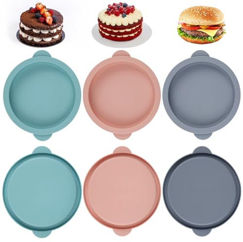 6 Pezzi Rotondo Tortiera di Silicone, 10 cm Stampi Uova Friggitrice Ad Aria, Polvere/Grigio/Blu Antiaderenti Rotonda Tortiera in Silicone, Utilizzato per Panini All'Uovo, Cupcake e Frittelle