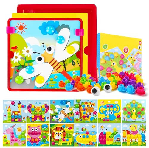 JWDMHSJ Mosaik Steckspiel für Kinder, steckspiel ab 2, Kinderspiele zum Lernen von Farben, mit 12 Bunten Steckplätte und 46 Steckperlen, pädagogisches Lernen Spiele für Jungen Mädchen Kinder