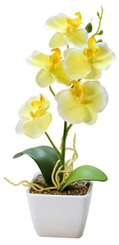 CUCUFA Fake Orchid in Pot Realistic 10.6 Inch Yellow Faux Orchid with 5 Flower Head Decorative Artificial Orchid Vivid Vibrant Fake Orchid Plant for Home Office Wedding, Fake Orchid Plant