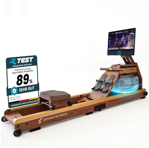 Sportstech Rudergerät Wasser für Zuhause, Deutsche Qualitätsmarke, Eichenholz FSC®-Zertifiziert, authentisches Rudererlebnis, klappbar, LED-Wassertank, 21,5 Display mit App, 360° drehbar, AquaElite