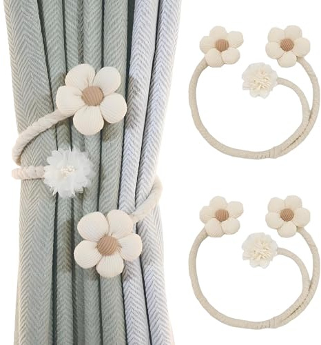 2 stycken söta blommiga styling-gardinstänger, gardinstänger, eleganta gardinhållare, handvävda bomullsrep gardinklämmor gardiner, bomullsgardinstänger, gardin magnet för hem och U