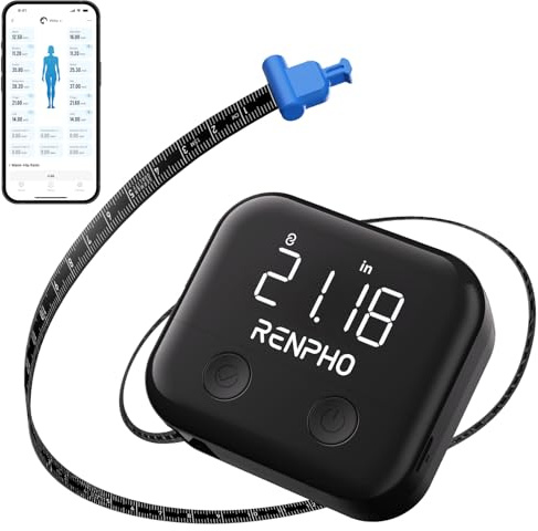RENPHO Smart Body Measuring Tape, Rechargeable Tape Measure with LED Display, Measuring Tape for Body Measurements with App for Weight Loss & Fitness Shape, Retractable, 60in /150cm, Black