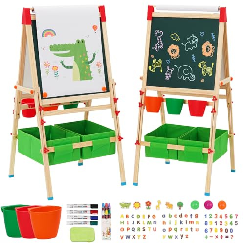 3in1 Cavalletto In Legno Per Bambini,Cavalletto Regolabile In Altezza Per Bambini,Grandi Per kids Con Lavagna E Rotolo Di Carta.Lavagna Cancellabile Con Pennelli,Borsa Portaoggetti,Numeri E Lettere
