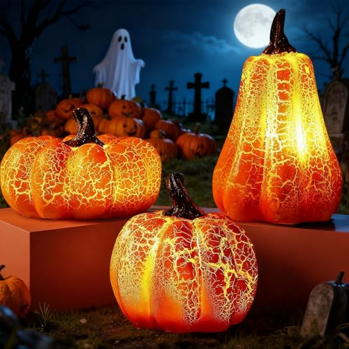 Halloweendeko Kürbis Deko,3 Stück Halloween Deko Kürbis Laterne,Dekor Led-Kürbislampe,Kürbislaterne Beleuchtet,Herbst Dekoration Tischdeko,Halloween Dekoration Licht Für Tischdeko