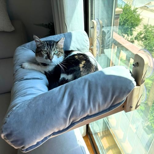 CATTUNED | Cama Gato Ventana, Madera Maciza + Cama-Nido Ultra Suave, Ventosas Extra Fuertes, Diseño Minimalista, Ideal para Interior Moderno, Hamaca de Gato para Ventana, Hamaca para Gatos Grandes