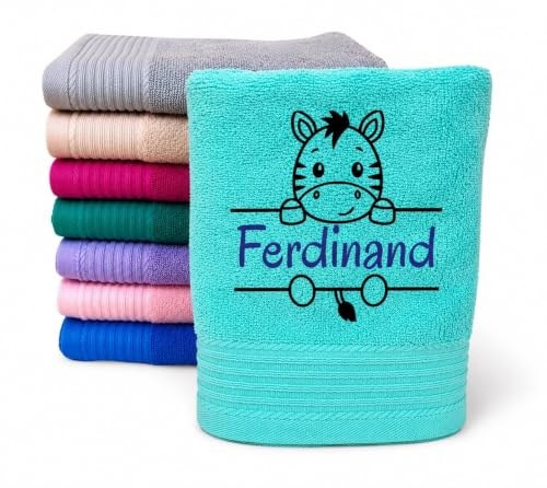 Wuff-Dogsworld Kinderhandtuch mit Motiv & Namen Bestickt, personalisiert, für Jungen & Mädchen, Verschiedene Motive & Farben, 100% Baumwolle (Mint, 50 x 100 cm)