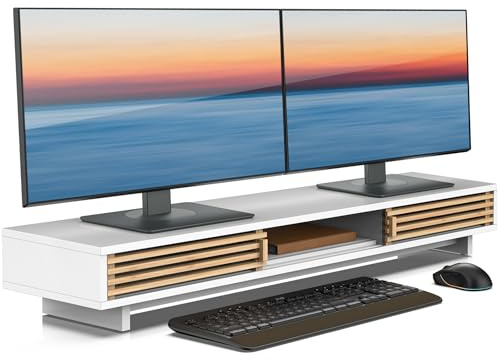 WELL WENG Dual Monitorständer Riser aus Holz für Monitor Weiß 96.7cm | Bildschirmerhöhung 2 monitore mit Schiebetüren im Gitter-Design Schreibtisch-Regal-Organizer mit Ordnungssystem