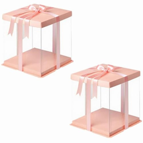 Yikryy 2 Pcs Clear PET Cake Boxes (30x30x35cm) with Lid & Ribbon, Cake Carrier Box for 10 Tall Cakes, Cake Gift Packaging for Display, Birthday, Wedding, Christmas -Pink