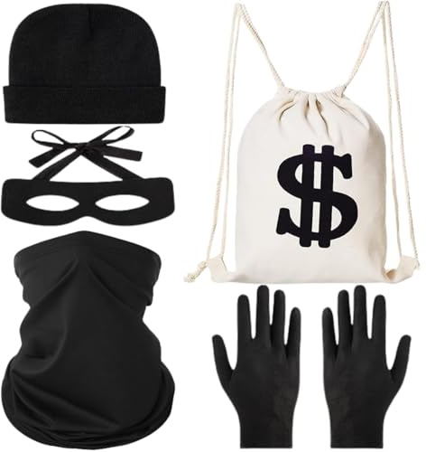 Bankräuber Kostüm Set, Einbrecher verkleiden, Dieb Verbrecher Kostüm Con Augenmaske, Geldsack, Kappe, Handschuhe, Halstuch für Carnival, Cosplay Einbruch Mottoparty
