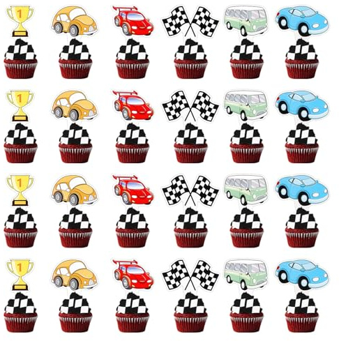 24 adornos para cupcakes de coche, suministros de fiesta de cumpleaños de coche de carreras, bandera a cuadros negra y blanca, decoración de tartas, regalos de fiesta temática de carreras para niños y