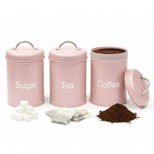 ADEPTNA Lot de 3 boîtes à thé, café et sucre – Bocaux de rangement hermétiques en métal avec couvercles – Récipients alimentaires ronds durables – Facile à nettoyer – Design minimaliste moderne pour