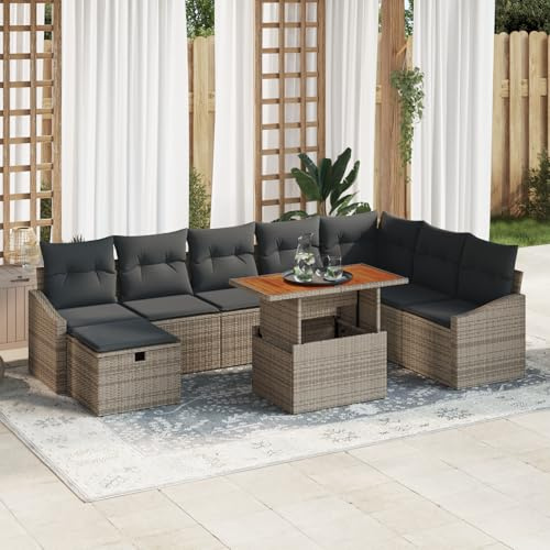 IBUQDDV 9-teiliges Garten Sofa Set mit Kissen Grau Poly Rattan, 8 Personen Sitzgruppe mit Stauraum und wetterfester Lounge Möbel