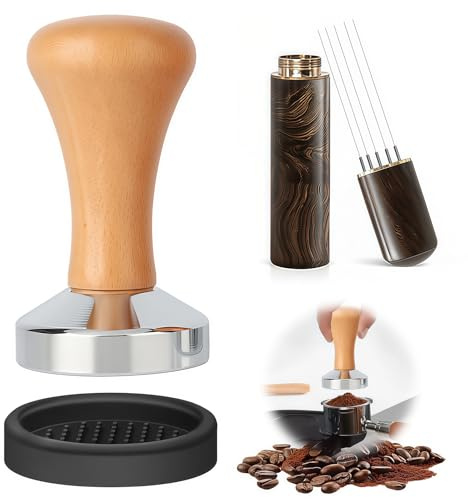 Coffee Tamper 51 mm Coffee Press Tamper Wooden Brown-2 | Flat Base Espresso Coffee Tamper, Coffee Tamper Espresso Press Wdt Tool, with Espresso Coffee Stirrer, for Cafes and Coffee
