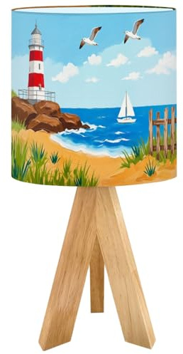 RAINFALLARING Tripod Bedside Table Lamp for Bedroom Coastal Lighthouse Seagulls Sailboat Sandy Beach Nightstand Lamps Desk Lamp with Linen Fabric Shade for Nursery Room Living Room Kids Room