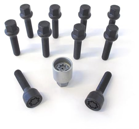 H&R Radschrauben Satz Kugelbund R13 M14x1.50 - Länge 47mm - Schwarz - 10 Stück (kompatibel mit z.B. VAG) - inkl. Felgenschloss