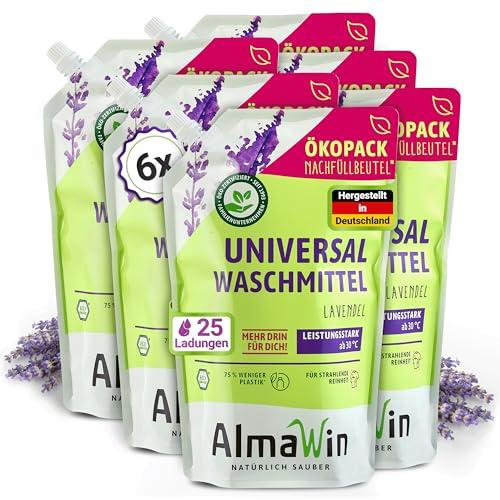 AlmaWin® Universal Waschmittel Flüssig [6x 1,5L - 150 Ladungen] mit Lavendelduft - Flüssigwaschmittel sauber ab 30°C - Waschmittel für Weißes & Buntes im Öko-Pack Nachfüllbeutel - Öko & VEGAN