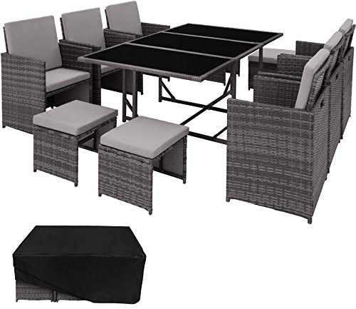TecTake® Set di Mobili Poli Rattan, Arredamento Giardino Elegante, 6 Sedie da Esterno, 1 Tavolo Vetro, 4 Sgabelli, Involucro Protettivo, Ideale per Balcone e Giardino, Arredamento - Grigio