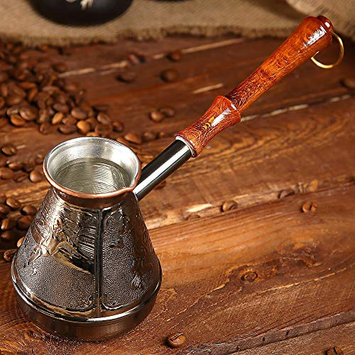 AEVVV Cafetière turque en cuivre de 283,5 g – Cezve Ibrik – Décoration vintage gravée sur le thème du sport – Cafetière grecque Briki avec poignée en bois
