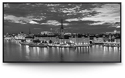 BilderKing Wandbild Stockholm Nacht Skyline schwarz/weiß - 120cm x 60cm Leinwand auf 2cm Keilrahmen mit Schattenfugenrahmen schwarz