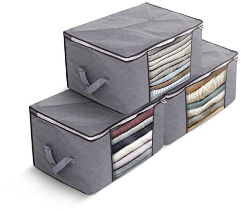 Delka 90L Storage Bags with Lids, Large Storage Boxes with lids, Storage Unit for Clothes, Duvets, Blankets, Toys, Pack of 3 Foldable Organizers with Reinforced Handles and Clear Window - Grey