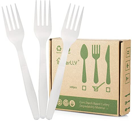 HERLLY Compostable Fork,100 Biodegradable Silverware for Party,Large Disposable Utensils Eco Friendly Durable and Heat Resistant,Alternative to Plastic Fork