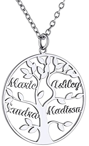 GoldChic Collier Personnalise 4 Prenoms des Enfants Cadeau Maman Pendentif Femme Arbre de Vie Généalogique Famille Fêtes des Mères Chaine Forcat Acier 50 cm Bijoux Anniversaire Mariage Meilleur Amie