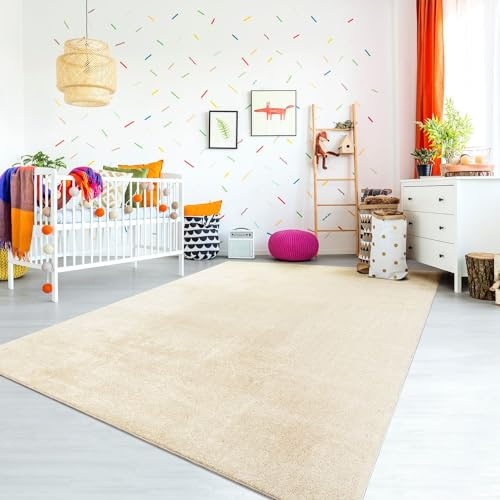 TT Home Barnmatta Lekmatta För Barnrum Pastell Slät Modernt Tvättbar Glidfritt Mjukt, Färg: Grädde, Storlek:160x220 cm