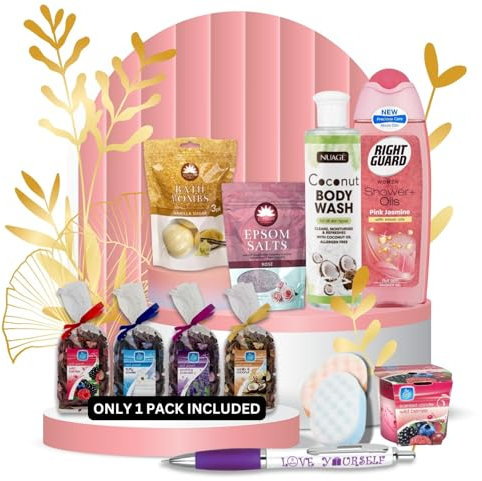 Bath Sets for Women | Body Wash, Shower Oil, Bath Bombs 3pk, Bath Salts, Massage Sponge 1pk, Scented Candle 1pc, Floral Fragrance 1pc | 9pc Relaxation Kit Pamper Gift Set with Sinta Gifts Pen