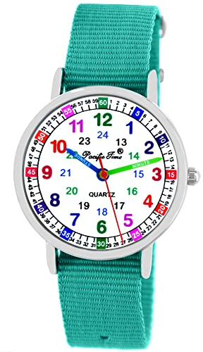 Pacific Time Kinderuhr Lernuhr Armbanduhr Mädchen Jungen Einschulung | Lernuhr mit 22,5 cm Nylonarmband, 12/24-Stunden-Zifferblatt und 5 ATM Wasserschutz. Ideal zur Einschulung.