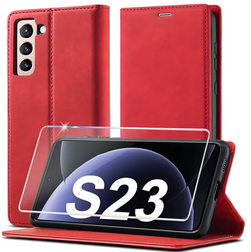 2023 Upgraded Handyhülle für Samsung Galaxy S23 Hülle Leder [Mit S23 Schutzfolie] für Samsung Galaxy S23 5G Hülle Klappbar Leder Flip Wallet Stoßfeste Case Schutzhülle Klapphülle für Samsung S23 Hülle